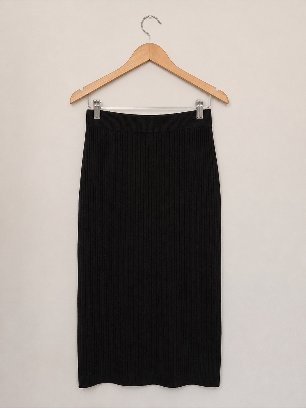 American Eagle Black Ribbed Knit Midi Skirt Side Slit Size L